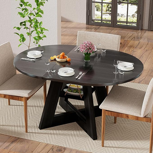 43.3in-59in Extendable Dining Table for 4-6, Round Kitchen Dining Room Table with Removable Leaves Space Saving, Space Saving, Wooden Cross Base with Storage Shelf for Kitchen Living Room (Black)
