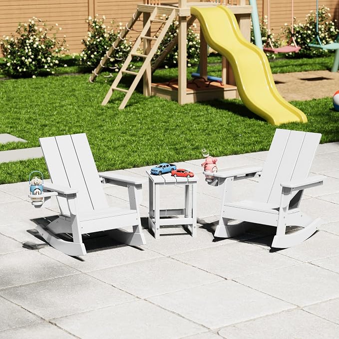 Costaelm Palms 3-Piece Kids Table and Chairs Set with Modern Toddler Rocking Chairs and Cup Holders, White