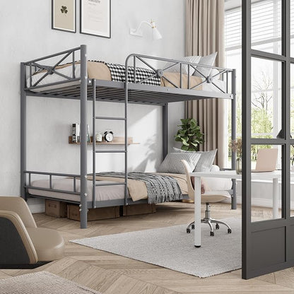 Garvee Metal Bunk Bed Twin Over Twin, Industrial Bunkbeds Heavy Duty Bed with Safety Guard Rails and Space-Saving Design, Steel Bed for School, Bedroom, Grey