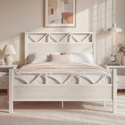 LIKIMIO Queen Bed Frame, Tall Modern Headboard 51.2 ", Platform Bed Frame with Strong Metal Support, Solid and Stable, Noise Free, No Box Spring Needed, Easy Assembly, White