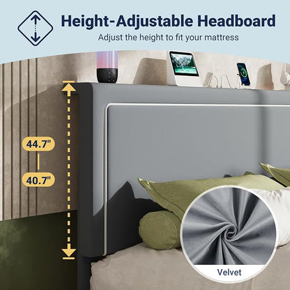 Allewie Full Size Lift Up Storage Bed Frame with Charging Station & LED Lights, Adjustable Velvet Upholstered Storage Headboard, Type-C & USB Ports, Hydraulic Support, No Box Spring Needed, Grey
