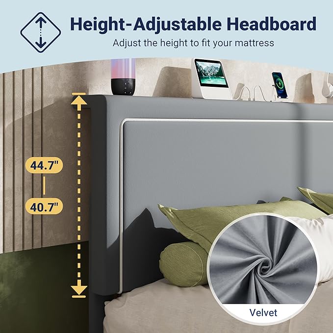 Allewie King Size Lift Up Storage Bed Frame with Charging Station & LED Lights, Adjustable Velvet Upholstered Storage Headboard, Type-C & USB Ports, Hydraulic Support, No Box Spring Needed, Grey