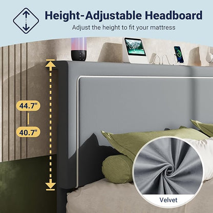 Allewie King Size Lift Up Storage Bed Frame with Charging Station & LED Lights, Adjustable Velvet Upholstered Storage Headboard, Type-C & USB Ports, Hydraulic Support, No Box Spring Needed, Grey