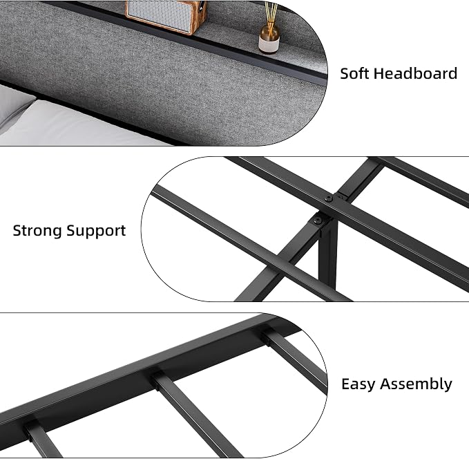 King Size Bed Frame with USB Ports and 2 Storage Drawers, Modern Platform Bed with Upholstered Shelf Headboard, Sturdy, Noise Free, No Box Spring Needed, Gray