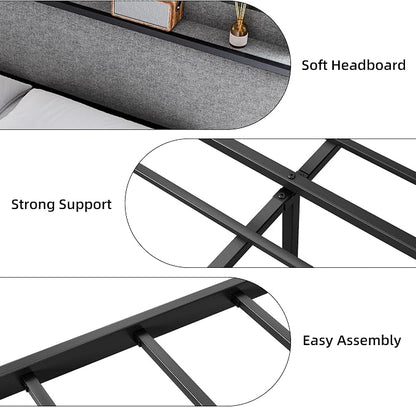 King Size Bed Frame with USB Ports and 2 Storage Drawers, Modern Platform Bed with Upholstered Shelf Headboard, Sturdy, Noise Free, No Box Spring Needed, Gray