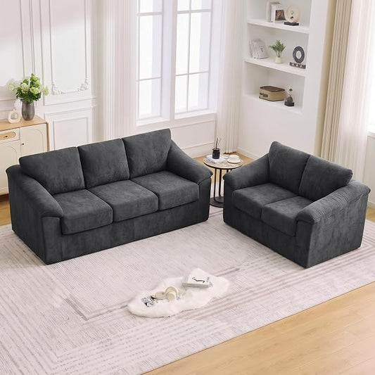 Boneless Couch Sets, Modern 3 Seater Sofa and Loveseat Sofa, Floor Cloud Couch Sets with Extra Comfy Soft Deep Seats for Living Room, Apartment, No Assemby, Set of 2, Dark Gray