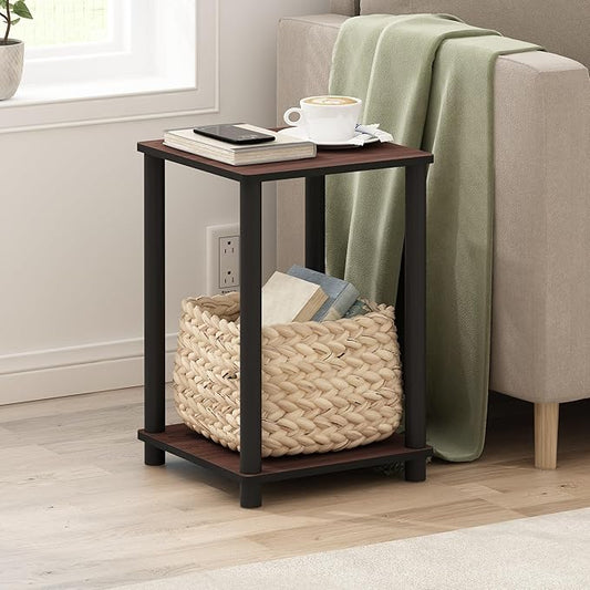 Furinno Turn-N-Tube Toolless Assembly Side Table, 2-Tier Brown End Table with Open Shelf, Night Stand, Bedside Table, for Living Room, Bedroom, Cherry Oak