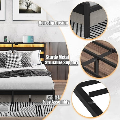 Queen Size Metal Platform Bed Frame with LED Headboard & Storage Shelf, Modern Black Metal Bed with USB Charging, No Box Spring Needed, Sturdy Slat Support for Bedroom(Black, Queen)