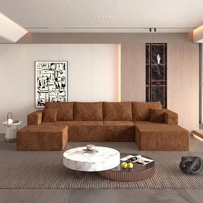 138" Modular Sectional Sofa, U-Shaped Cloud Couch with Deep Seats & Chaise, Convertible 4-in-1 Corduroy Boneless Couches for Living Room, No-Assembly - Brown (Right Facing Chaise)