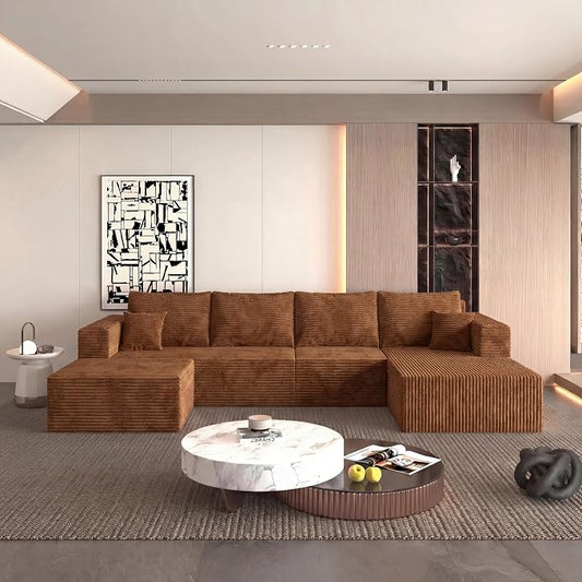 138" Modular Sectional Sofa, U-Shaped Cloud Couch with Deep Seats & Chaise, Convertible 4-in-1 Corduroy Boneless Couches for Living Room, No-Assembly - Brown (Right Facing Chaise)