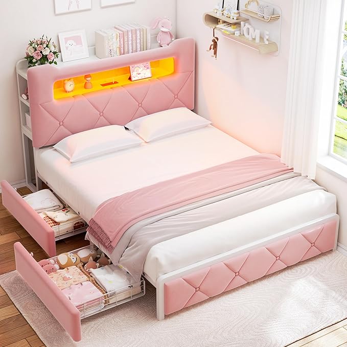 Full Upholstered LED Bed Frame with 2 Storage Drawers and 2-Tier Storage Headboard, Velvet Princess Platform Bed with Charging Station & Bookcase, Corner Bed Frame, Heavy Duty Metal Support, Pink