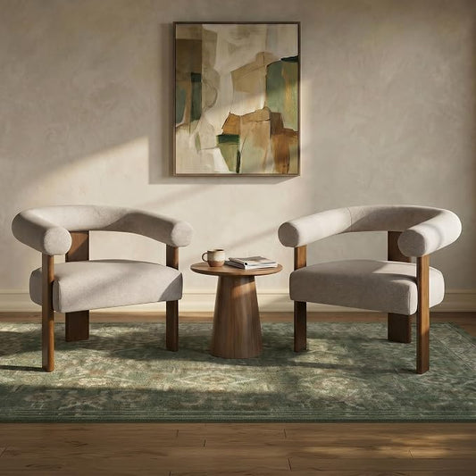 VKNOW Accent Chairs Set of 2, Living Room Chairs with Walnut Legs, Brown | Mohair-type Fabric, Barrel Back, Armrests, For Adults and Family, Living Room, Bedroom, Vanity, No Wobble, Easy Assembly