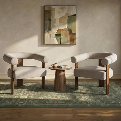 VKNOW Accent Chair, Vanity Chair with Armrests and Walnut Legs, Brown | Mohair-type Fabric, Barrel Back, Armrests, For Adults and Family, Living Room, Bedroom, Vanity, No Wobble, Easy Assembly