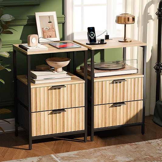 VINGLI Nightstands Set of 2 with Fabric Drawers, Fluted Nightstand with Charging Station, Oak Night Stand Set 2, Bed Side Tables with Drawers Fabric, End Tales Bedroom with Charger Station