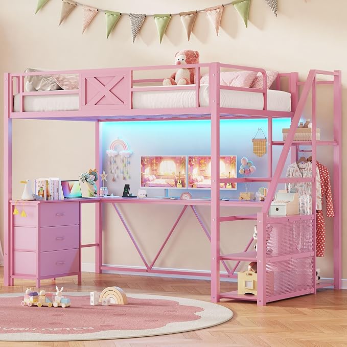 Itaar Stairway Twin Size Loft Bed with L Shaped Desk and Wardrobe, Metal Loft Bed Frame with Stairs, 3 Fabric Drawers, LED Lights & Charging Sation, No Noise & No Box Spring Needed, Pink