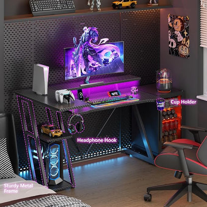 Korfile 47 Inch Gaming Desk with Power Outlet & LED Lights, Corner Computer Desk with 3 Tiers Storage Shelves, Home Office Desk with Monitor Stand for Small Space, Carbon Fiber Black