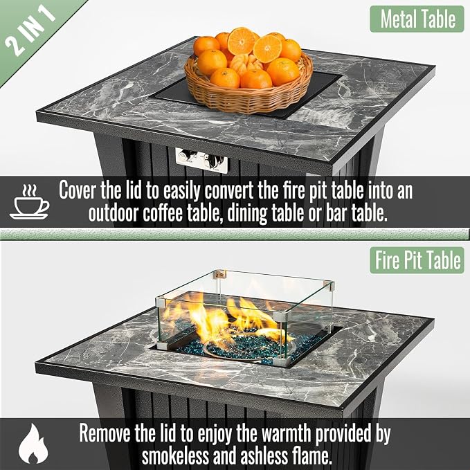32" Propane Gas Fire Pit Table, 50,000 BTU Square Outdoor Fire Pit with Ceramic Tile Top & Glass Wind Guard, Steel Patio Fire Table with Lid, Blue Glass Beads & Rain Cover, Gray