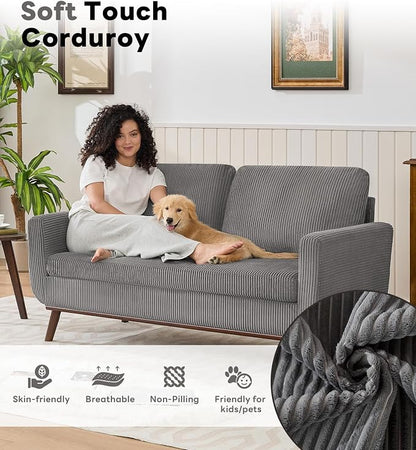 Kingfun 65" Corduroy Love Seat with Spring Cusions, Mid Century Modern Loveseat Sofa for Livingroom & Bedroom, Comfy Upholstered Small Couch, Gray