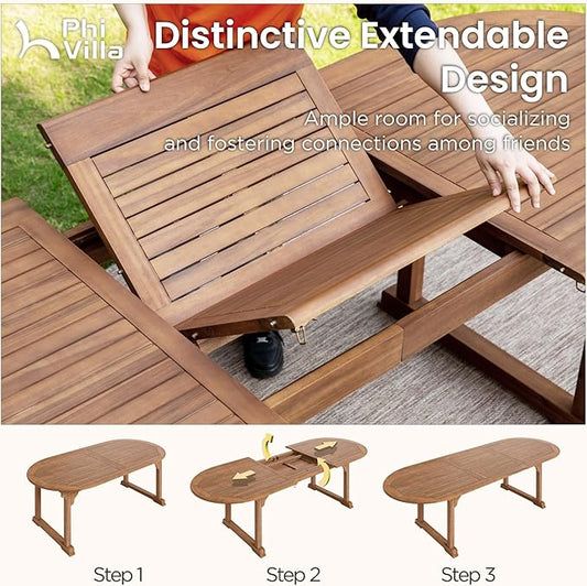 PHI VILLA Outdoor Dining Set for 6, Expandable Acacia Wood Table & Chairs | 7pc teak patio furniture set. Large farmhouse set for deck, porch, backyard.