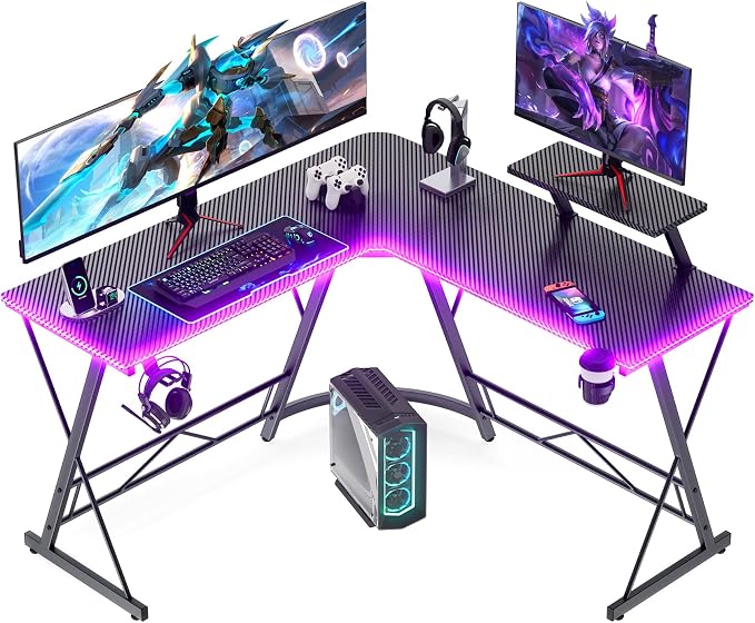 Mr IRONSTONE Gaming Desk with LED Lights, L Shaped Desk Corner with Cup Holder & Headphone Hook, Computer Desk Home Office Desks with Large Monitor Stand, Carbon Fiber Surface, Black 51 Inch