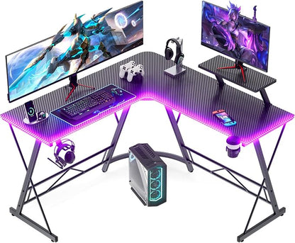 Mr IRONSTONE Gaming Desk with LED Lights, L Shaped Desk Corner with Cup Holder & Headphone Hook, Computer Desk Home Office Desks with Large Monitor Stand, Carbon Fiber Surface, Black 51 Inch