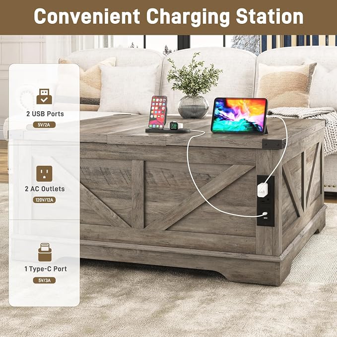 Hlivelood 40” Large Farmhouse Lift Top Coffee Table with Power Outlets and Large Hidden Storage, Square Wood Living Room Tables, Multi-Function Lift Wooden Barn Door Center Table, Grey