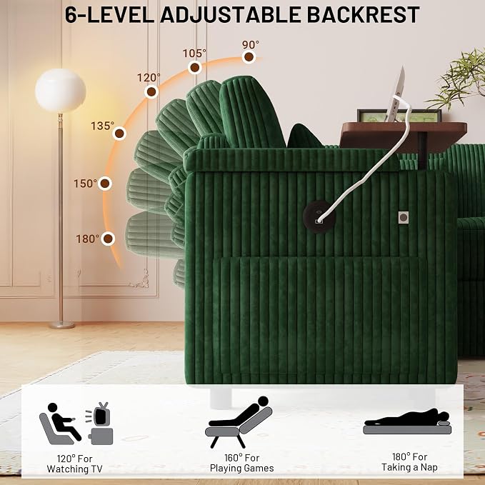 L-Shaped Sectional Sleeper Sofa with Pull Out Bed, Green | Plush Corduroy, Reclining Backrest, Storage Chaise, Usb Ports, Cup Holders & Table – Modular Cloud Couch for Living Room