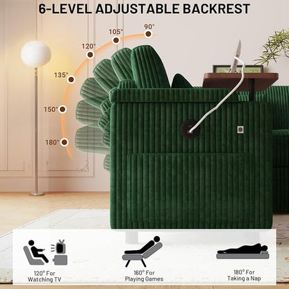 L-Shaped Sectional Sleeper Sofa with Pull Out Bed, Green | Plush Corduroy, Reclining Backrest, Storage Chaise, Usb Ports, Cup Holders & Table – Modular Cloud Couch for Living Room