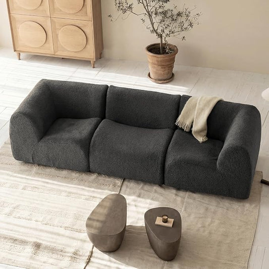 38" Curved Single Sofa Corner Chair, Boneless Sherpa Couch with Deep Seat, Comfy Teddy Sofas for Living Room, Bedroom, Apartment, Modern Sectional Modular Couches – No Assembly, Grey