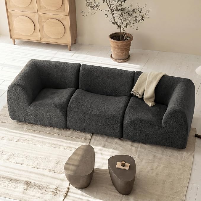 34" Curved Single Sofa Chair, Foam Boneless Sherpa Couch with Deep Seat, Comfy Teddy Sofas for Living Room, Bedroom, Apartment, Modern Sectional Modular Couches – No Assembly, Grey