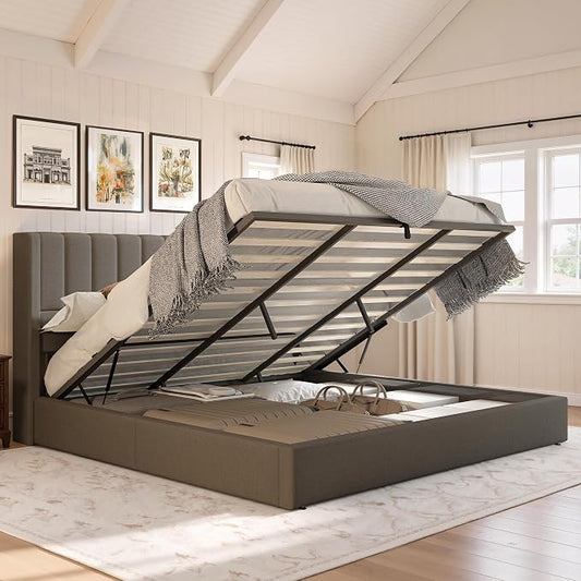Jocisland King Size Lift Up Storage Bed Frame, Linen Upholstered Platform Bed with Vertical Channel Tufted Headboard and Wingback, Hydraulic System, No Box Spring Needed, Wood Slats Support, Dark Gray