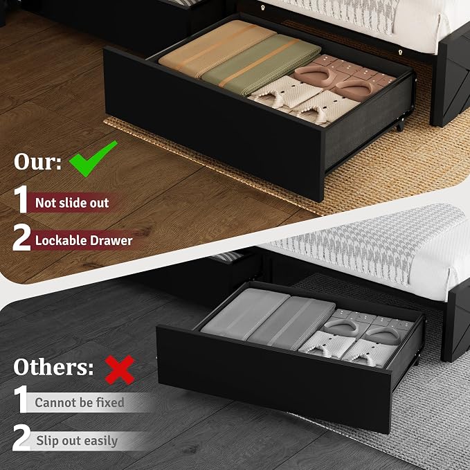 Queen Size Bed Frame with 2 Bedside Stoage Racks & 4 Locking Drawers, 51.2" Tall Headboard with Charging Station & RGB LED Lights, Farmehouse Platform Bed Frame, No Box Spring Needed, Black