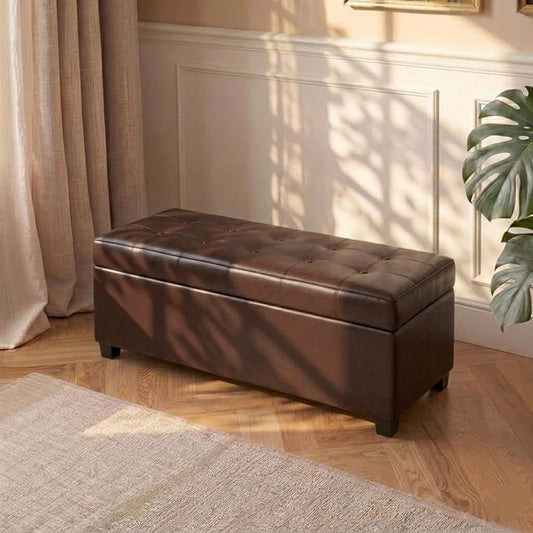 Asense 40" Storage Ottoman Bench, Faux Leather Tufted Upholstered End of Bed Bench with Safety Hinge for Bedroom,Entryway,Living Room,Dark Brown