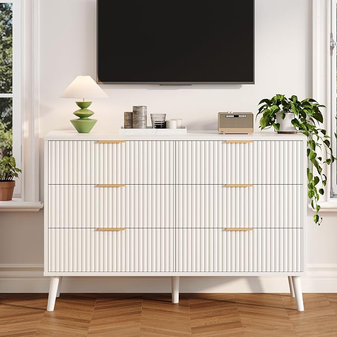 Fluted 6 Drawers Dresser for Bedroom, Wooden Wide Chest of Drawers with Metal Handle, Dresser TV Stand, Closet Storage Organizer for Entryway, Living Room, Hallway (White)