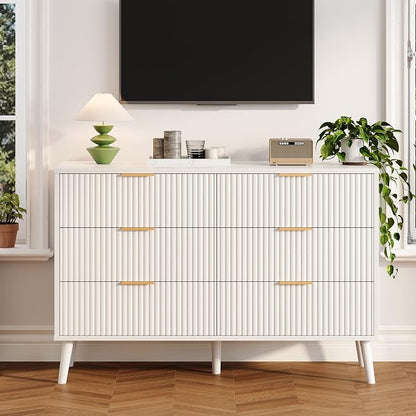 Fluted 6 Drawers Dresser for Bedroom, Wooden Wide Chest of Drawers with Metal Handle, Dresser TV Stand, Closet Storage Organizer for Entryway, Living Room, Hallway (White)