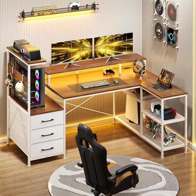 YOMILUVE L Shaped Gaming Desk with Drawers & Storage Shelves, White Gaming Desk with Power Outlets & LED Light, Reversible Computer Desk with Monitor Stand & Hooks, Brown and White