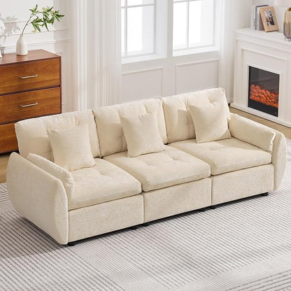 84" Modular Cloud Sofa, Deep Seat Tufted Chenille 3-Seater Sectional Couch with Curved Arms, Comfy Sofas for Living Room, Beige