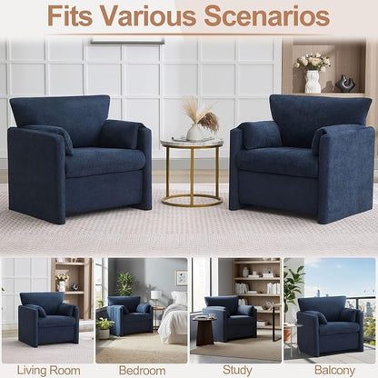 Oversized Accent Chair for Living Room, 32.68" Large Modern Armchair with Deep Seat, Mid-Century Comfy Reading Chair with Padded Arms, Chenille Single Sofa Chairs for Bedroom, Blue
