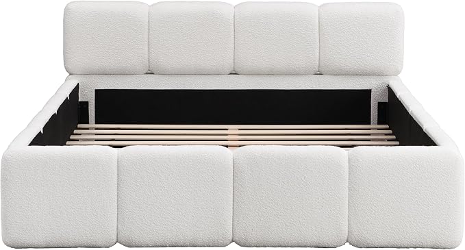 Merax Queen Size Boucle Platform Bed with Thick Headboard and Footboard, Block Style Upholstery Grounded Bed Frame, White