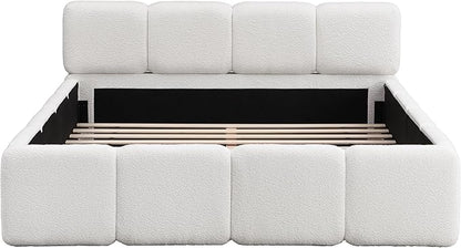 Merax Queen Size Boucle Platform Bed with Thick Headboard and Footboard, Block Style Upholstery Grounded Bed Frame, White