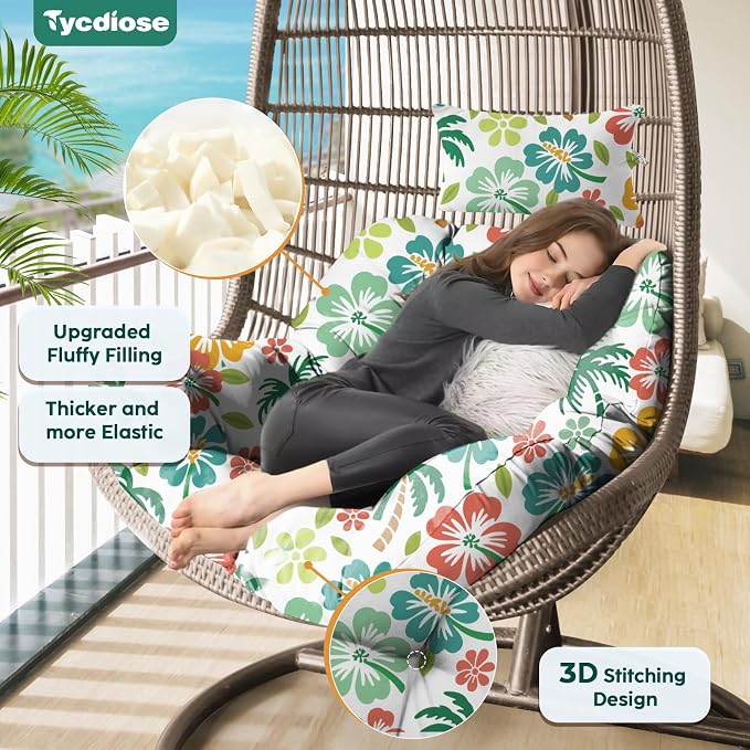 Outdoor Hanging Egg Chair Cushion Replacement, Extra Large Waterproof Egg Swing Cushions with Headrest Pillow and Ties, U-Shaped Thickened Cushion for Hanging Eggs Chair (Green Coconut)
