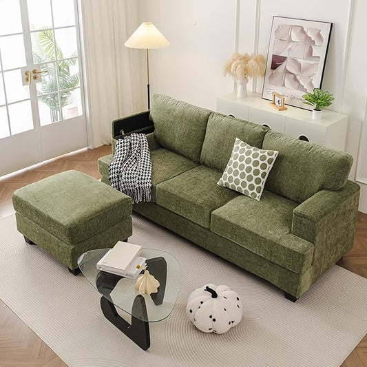 85'' L Shaped Couch with Armrest Organizer,3 Seats Sofas with Movable Ottoman,Comfy Sectional Sofa with Thick Cushion,Chenille Sectional Couches for Living Room,Bedroom,Apartment,Home Furniture,Green