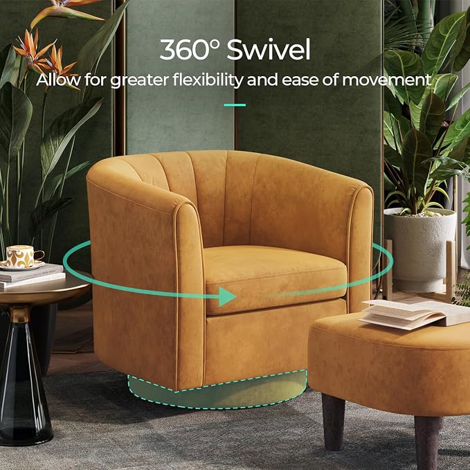 LINSY Swivel Accent Chair Ottoman Set: Velvet Larege Barrel Chair with Foot Rest, Modern Reading Chair Upholstered Armchair with Footrest for Living Room Bedroom Study Room Office (Yellow)