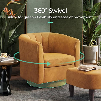 LINSY Swivel Accent Chair Ottoman Set: Velvet Larege Barrel Chair with Foot Rest, Modern Reading Chair Upholstered Armchair with Footrest for Living Room Bedroom Study Room Office (Yellow)