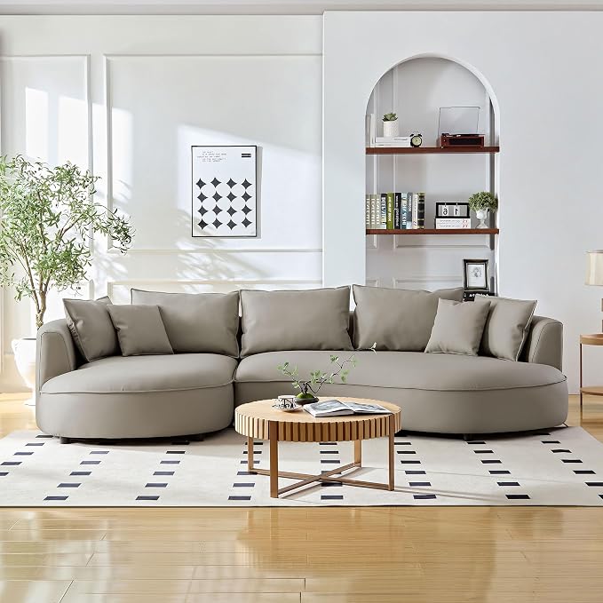 KEIKI 129" Curved Oversized Modular Bonded Leather Sectional Sofa with Left Chaise, 4 Pillows, 3 Back Cushion, Modern Style Comfy 5-Seater Couch, Easy Assembly, for Apartment, Living Room, Light Grey