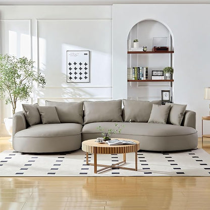 KEIKI 129" Curved Oversized Modular Bonded Leather Sectional Sofa with Left Chaise, 4 Pillows, 3 Back Cushion, Modern Style Comfy 5-Seater Couch, Easy Assembly, for Apartment, Living Room, Light Grey