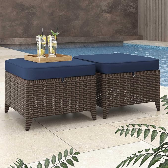 Patio Ottomans 2 Pieces, Outdoor 22" x 22" PE Wicker Ottoman with Removable Waterproof Cushions, All Weather Rattan Foot Stool Furniture for Deck, Porch, Backyard, Balcony, Poolside