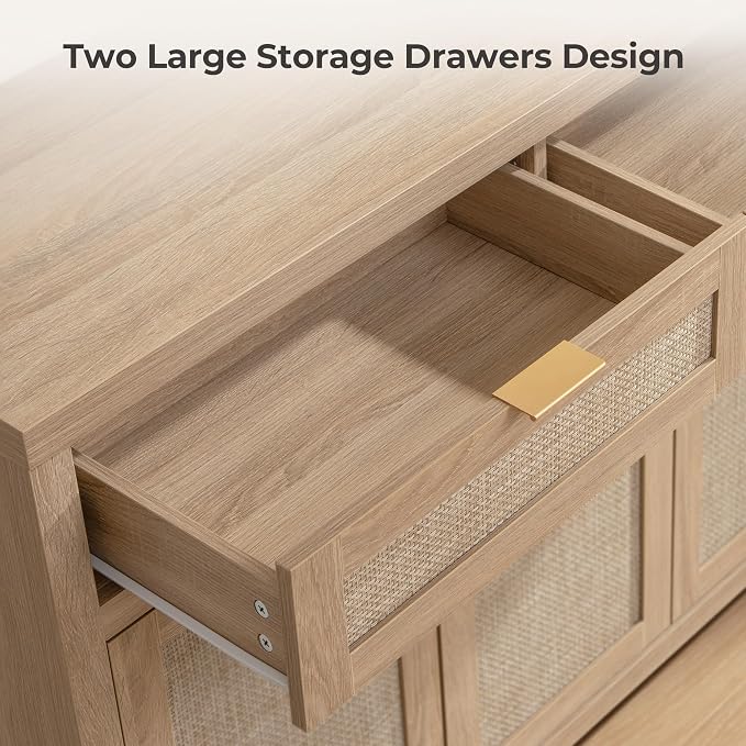 SICOTAS Rattan Sideboard Buffet Cabinet with Storage, Boho Credenza Accent Cabinet with 3 Doors and 2 Drawers, Farmhouse Console Coffee Bar for Kitchen Living Room Entryway, Light Oak, 2 PCS