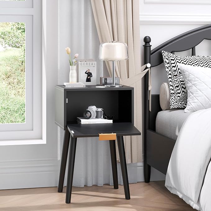 Nightstands Set of 2, Bedside Table with Rattan Door, Boho End Table with Solid Wood Legs for Bedroom, Living Room, Small Space Nightstands, Black Color, HNS001B