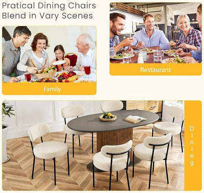 DUMOS Dining Chairs Set of 6, Mid Century Modern Chair Round Upholstered Curved Backrest, Kitchen Vanity Living Room Chairs with Black Metal Legs，Classic Beige